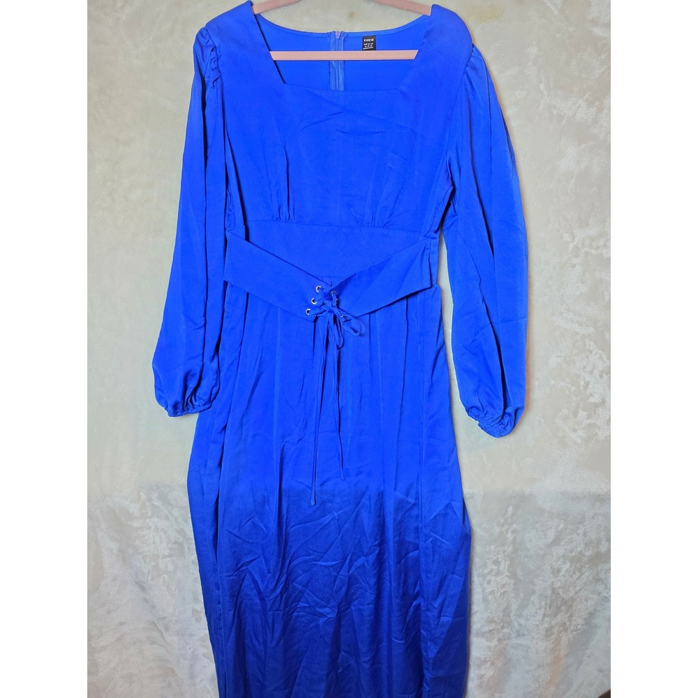 SHEIN Royal Blue Lace Up Waist Maxi Dress Square Neck Long Puff Sleeve XL 12